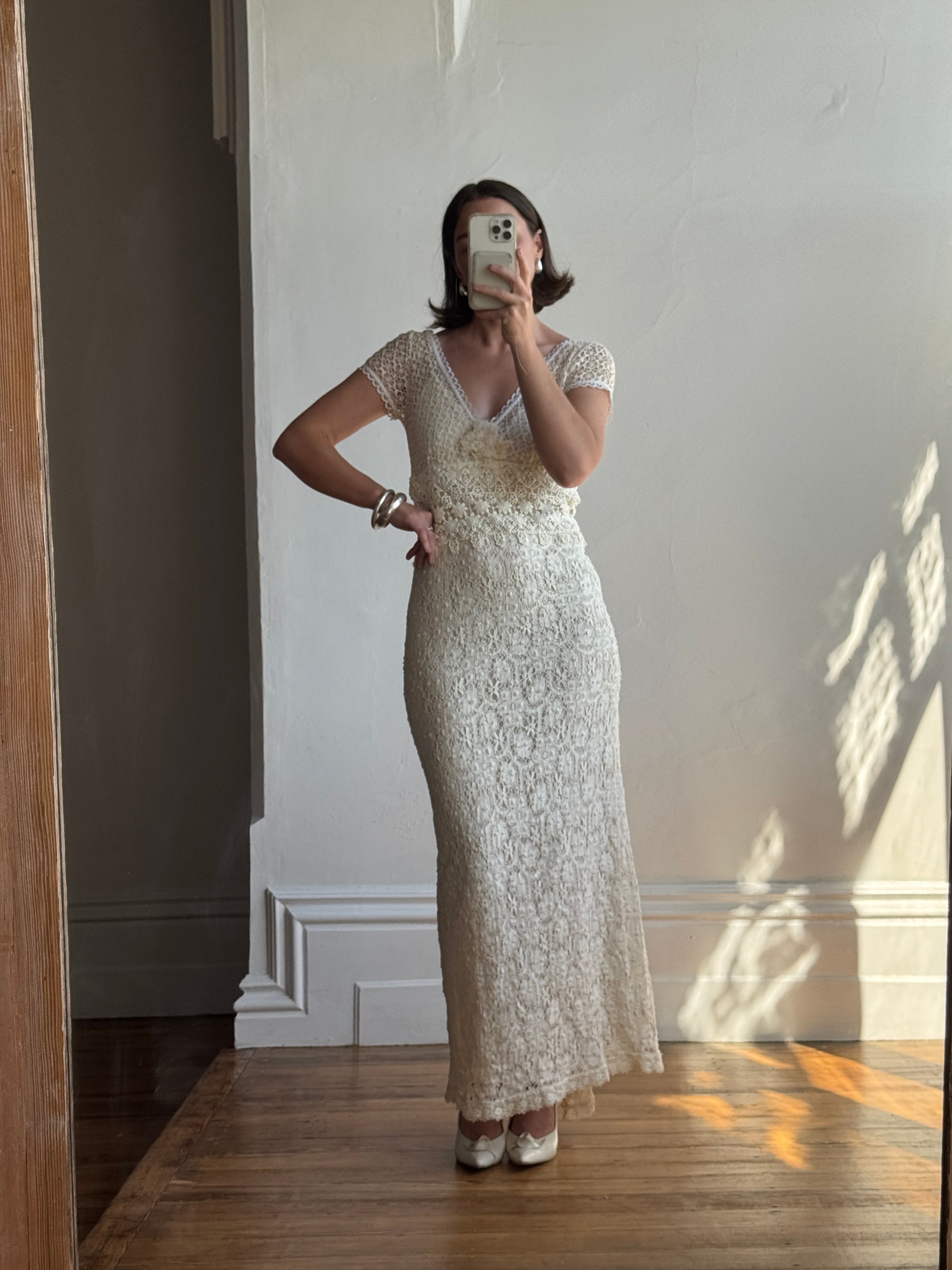 Vintage Y2K Designer Pure Silk and Cotton Crochet Wedding Dress