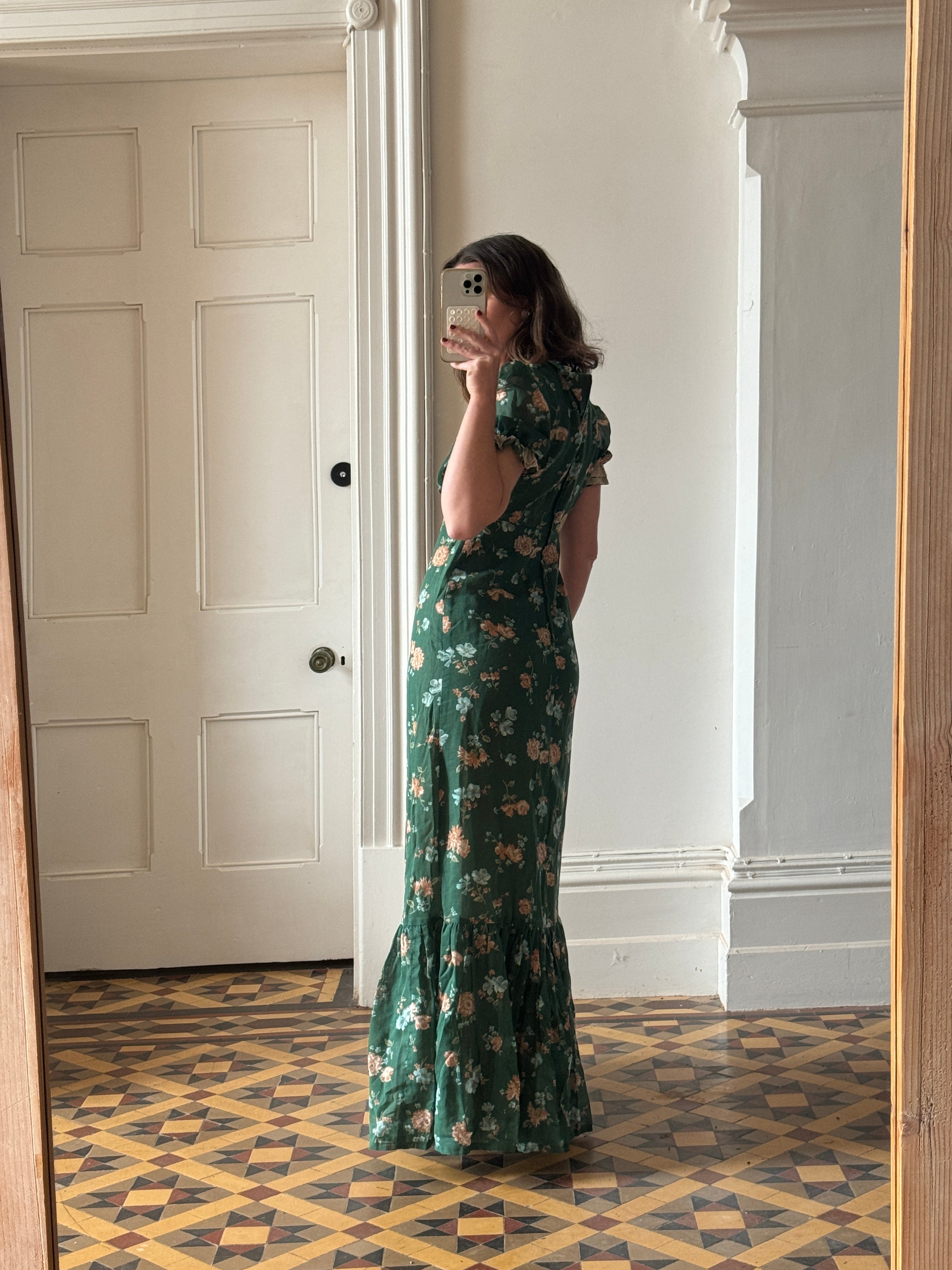 Vintage 70s Teal Garden Dress with Creme Lace