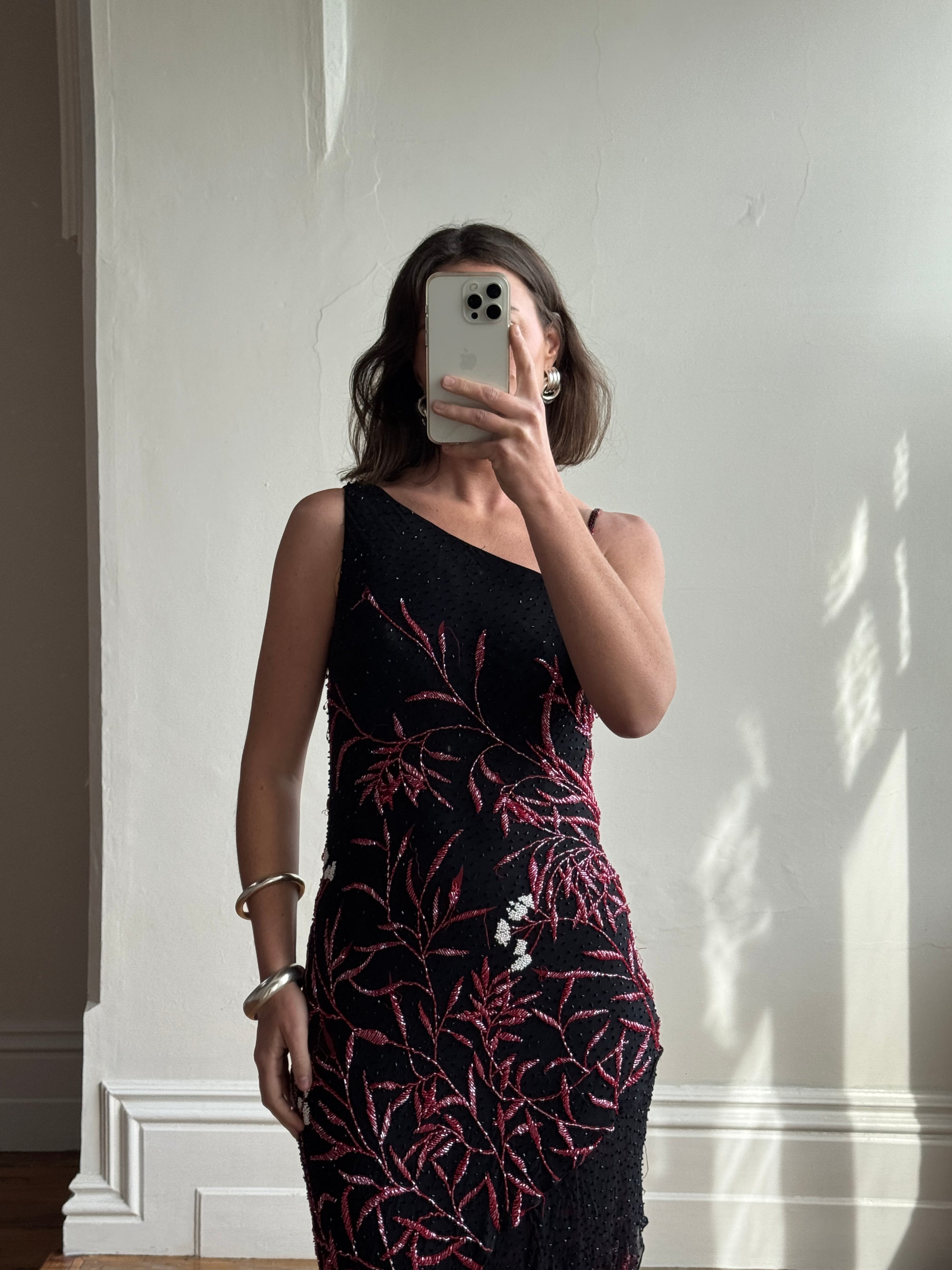 Vintage 90s Beaded Asymmetrical Evening Dress Red Vine