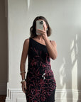 Vintage 90s Beaded Asymmetrical Evening Dress Red Vine