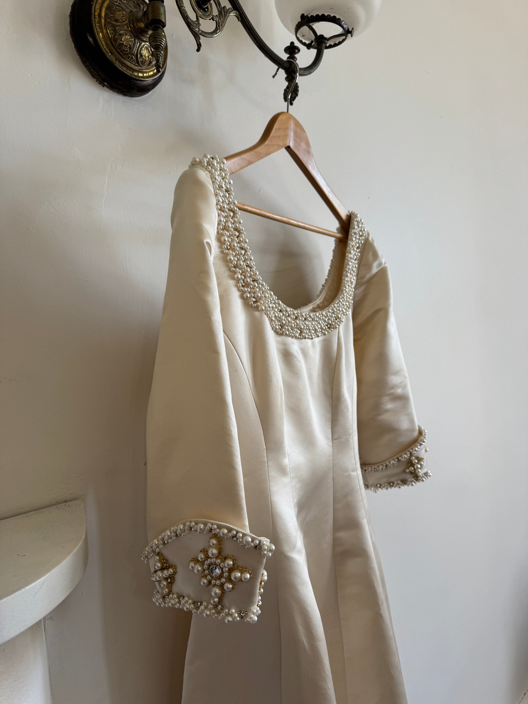 Vintage 90s Pure Silk Satin Baroque Scoop Neck Wedding Gown and Veil