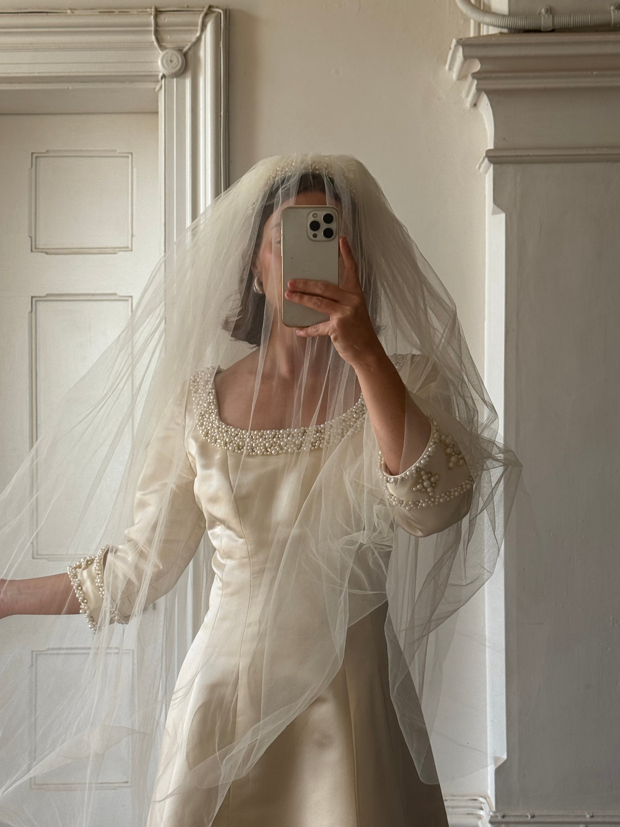 Vintage 90s Pure Silk Satin Baroque Scoop Neck Wedding Gown and Veil