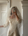 Vintage 90s Pure Silk Satin Baroque Scoop Neck Wedding Gown and Veil