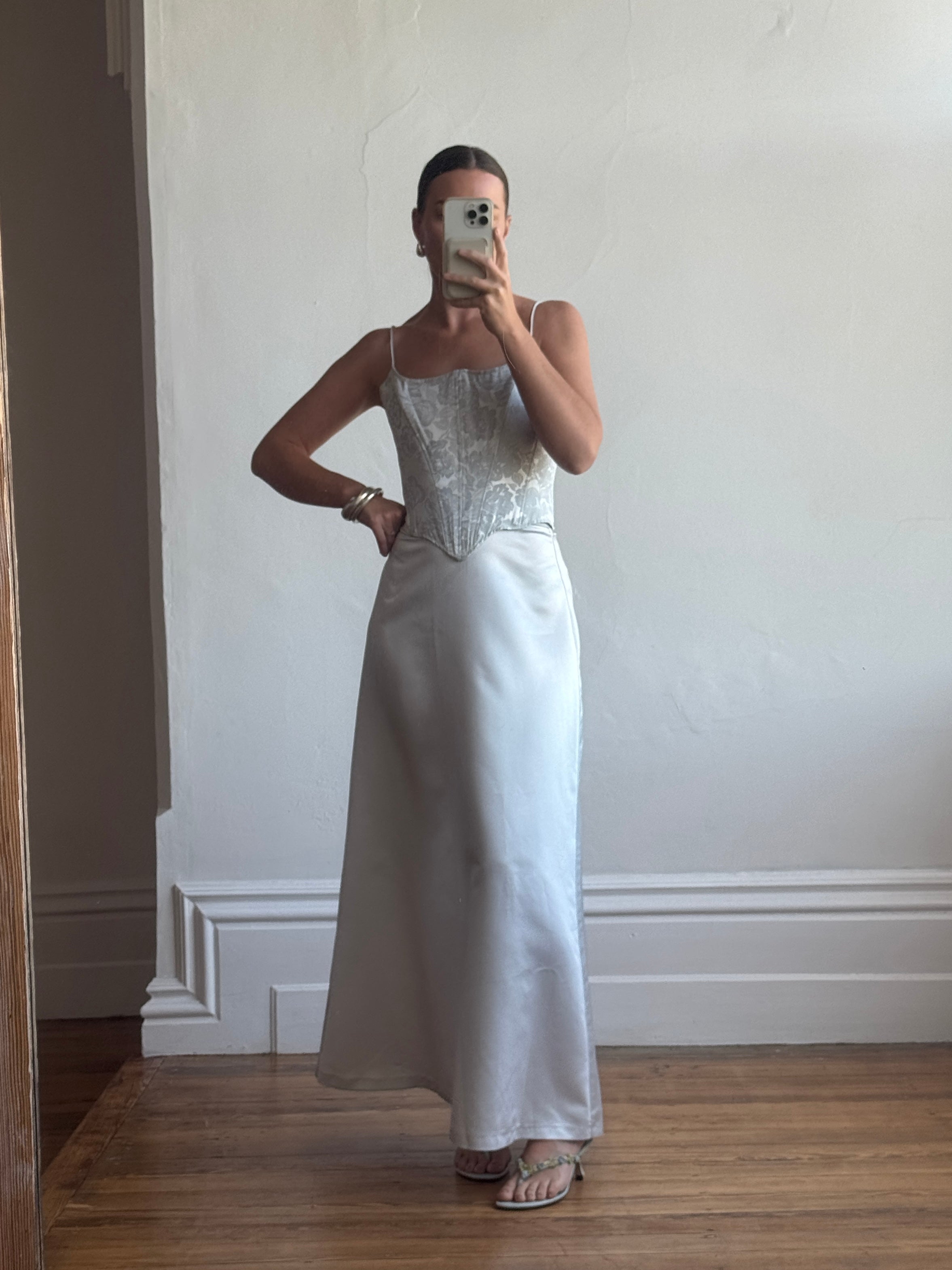 Vintage 90s Ice Blue Satin Jacquard Corset and Skirt Set