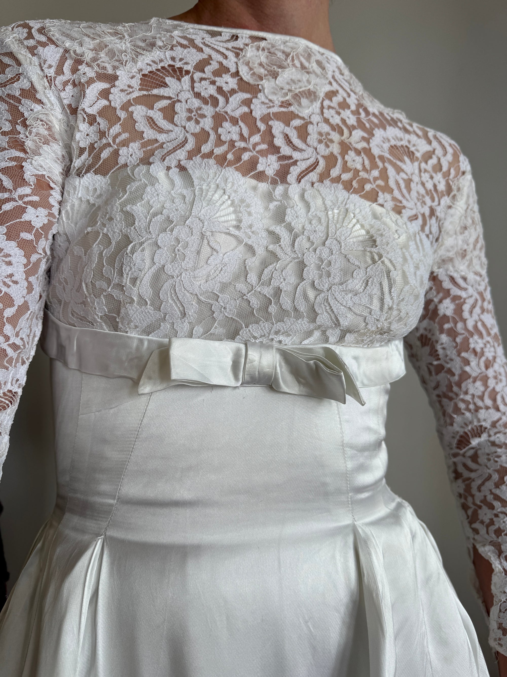 Vintage 50s Reworked Lace Long Sleeve Satin Wedding Gown With Bow