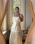 Vintage 80s Drop Waist Satin Jacquard Wedding Dress