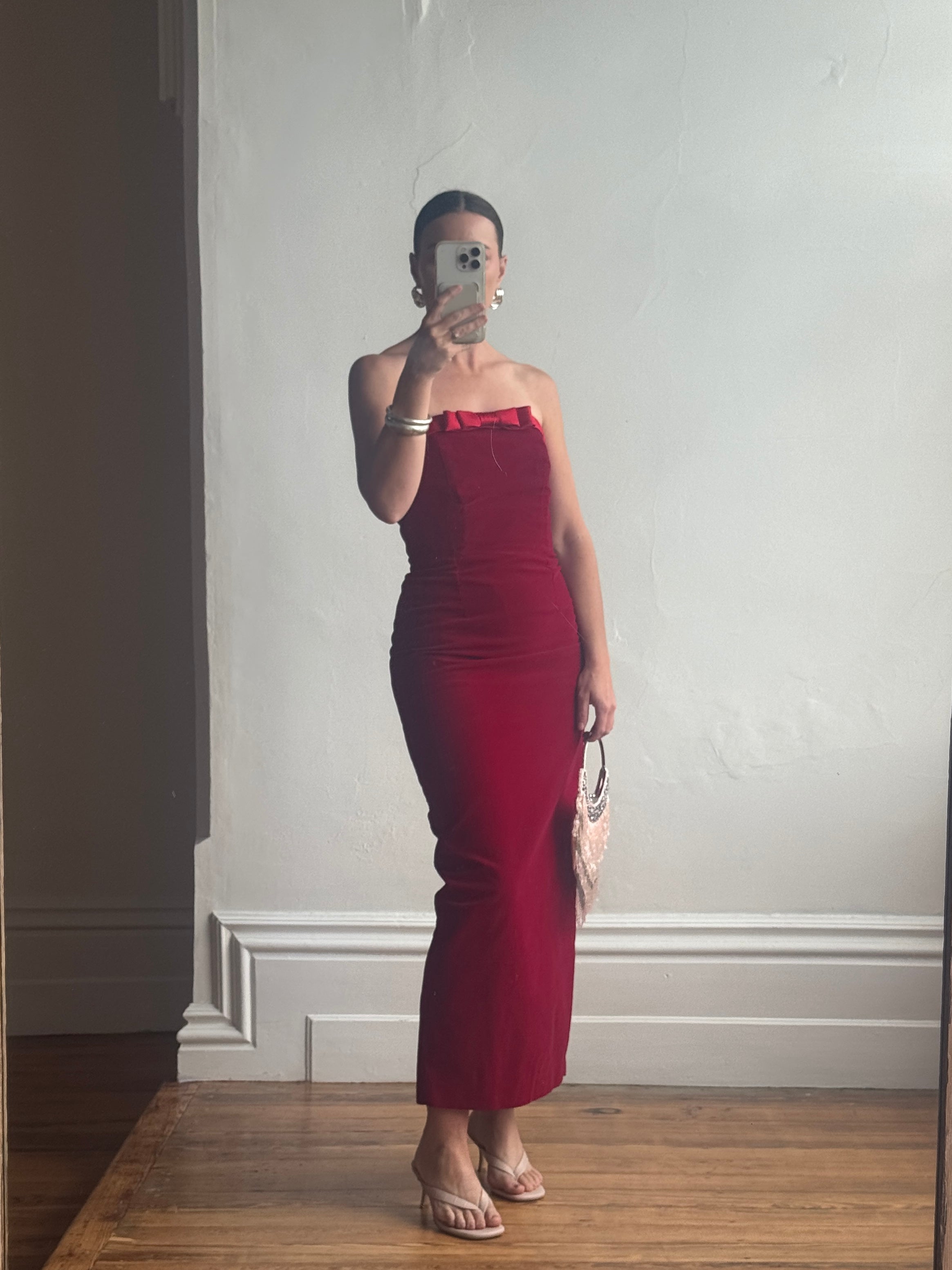 Vintage 90s Red Velvet Strapless Midi Dress with Bow