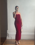 Vintage 90s Red Velvet Strapless Midi Dress with Bow