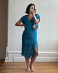 Vintage 80s Fringe Party Dress Ocean Blue