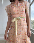 Vintage Sheer Peach Floral Collared Sundress With Tie