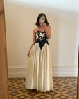 Vintage 90s Navy and Creme Satin Floral Gown