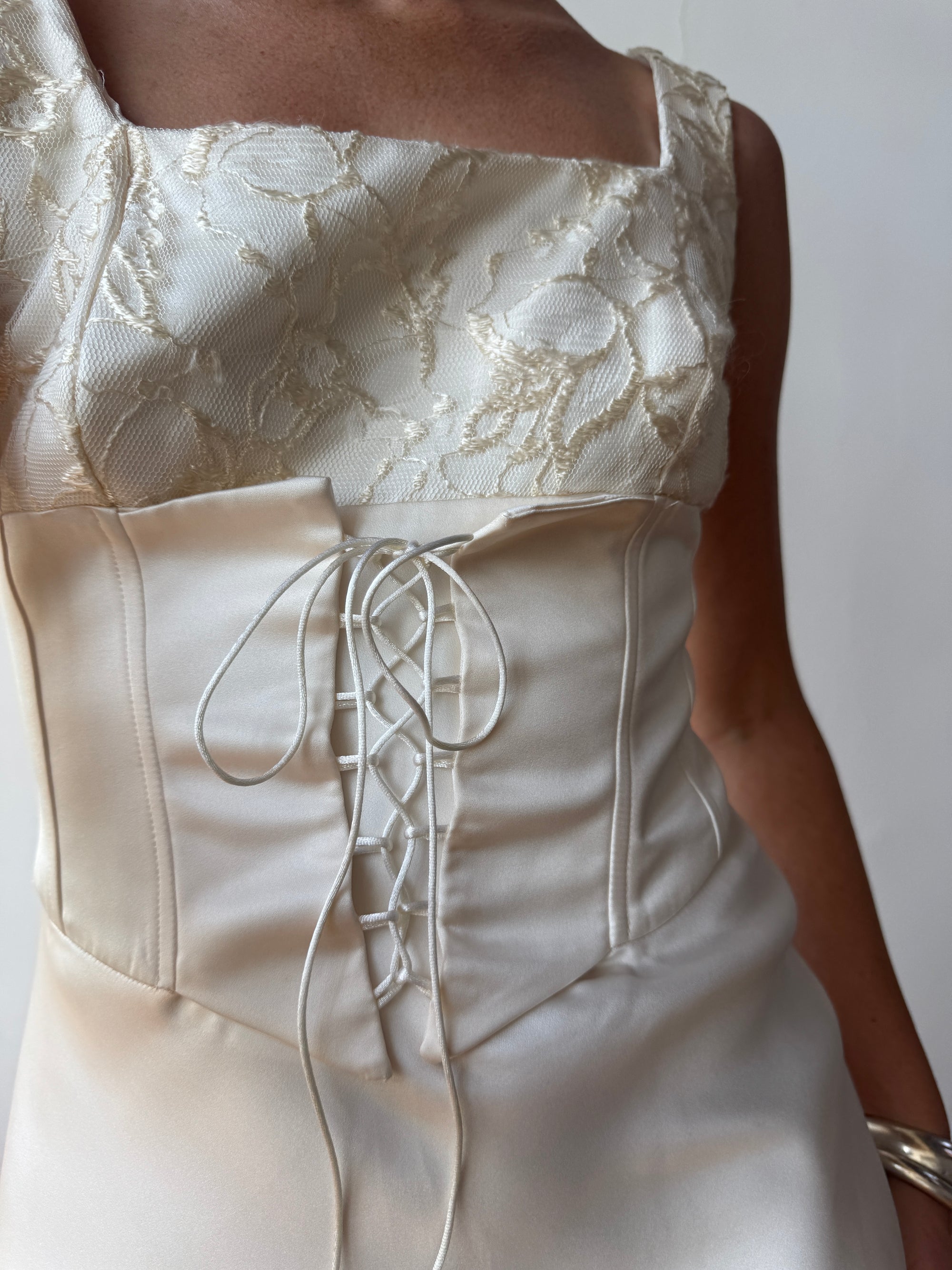 Vintage 90s Lace Up Waist Satin Column Wedding Dress