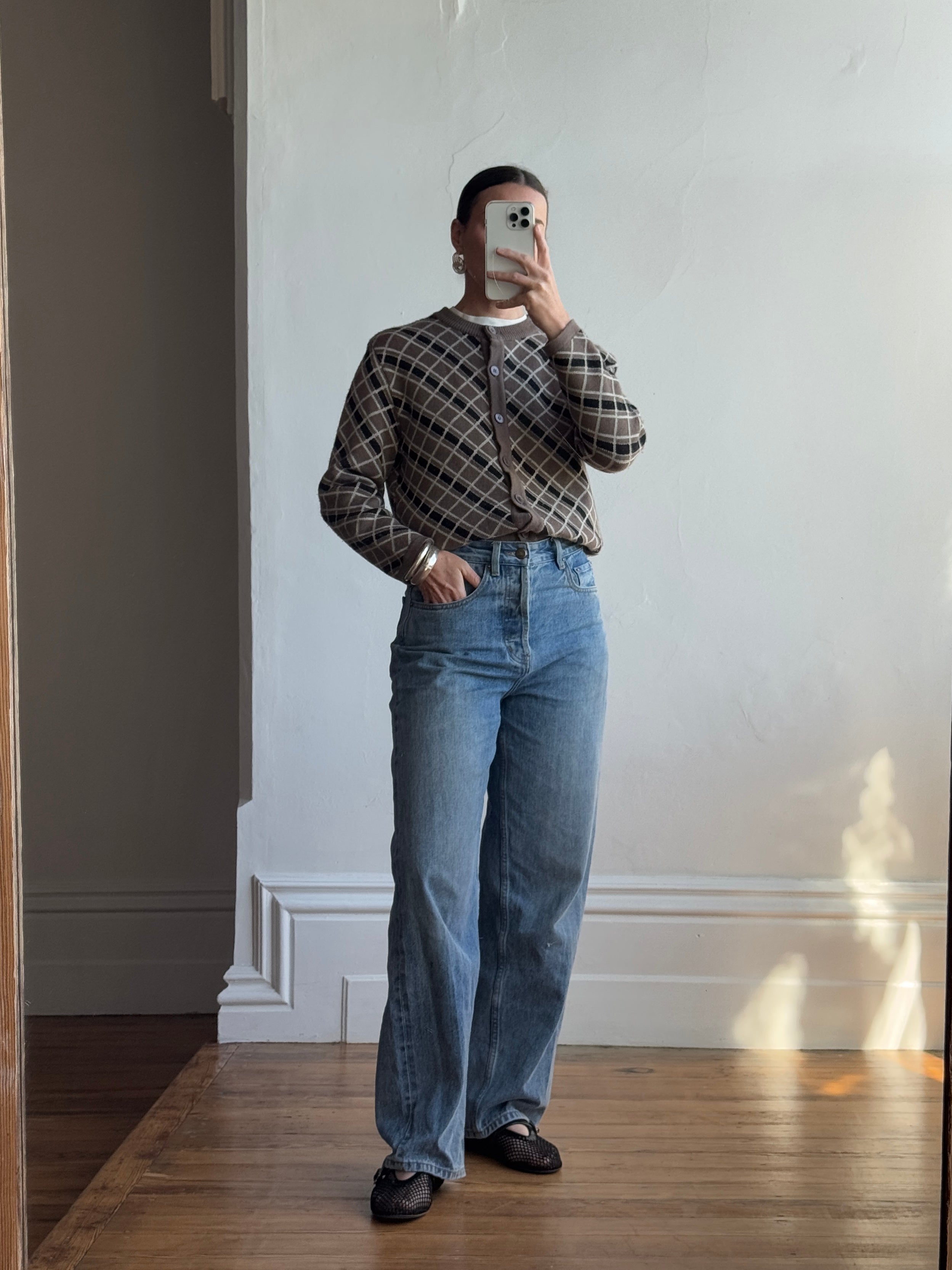 Vintage Pure Wool Check Cardi Taupe Black