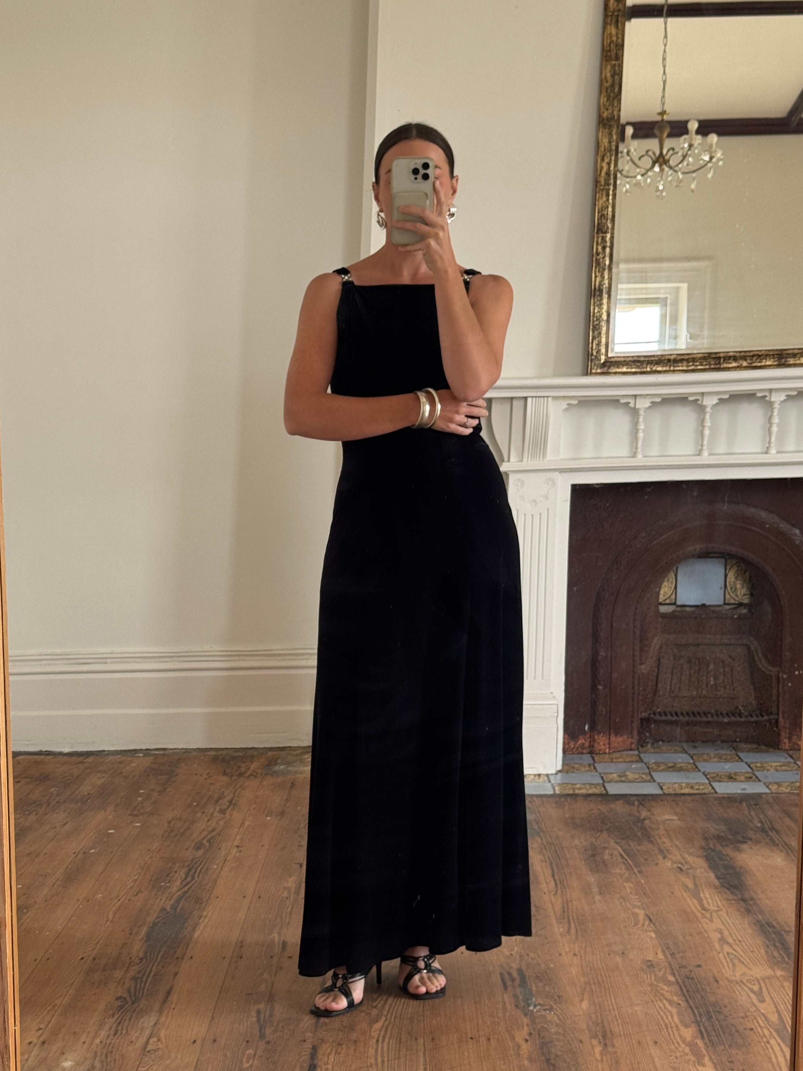 Vintage 90s Velvet High Front Evening Gown With Rhinestones