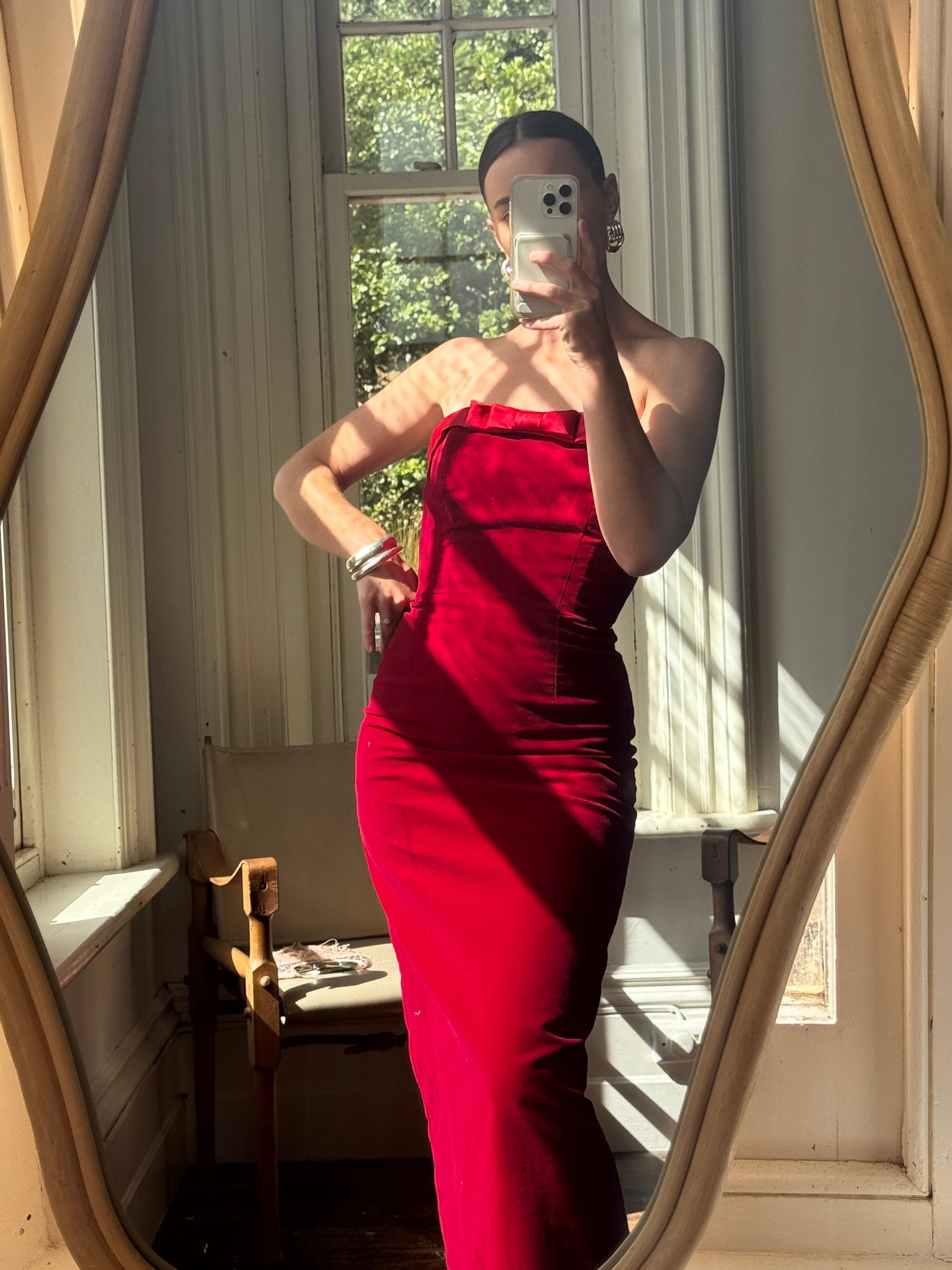 Vintage 90s Red Velvet Strapless Midi Dress with Bow