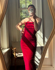 Vintage 90s Red Velvet Strapless Midi Dress with Bow