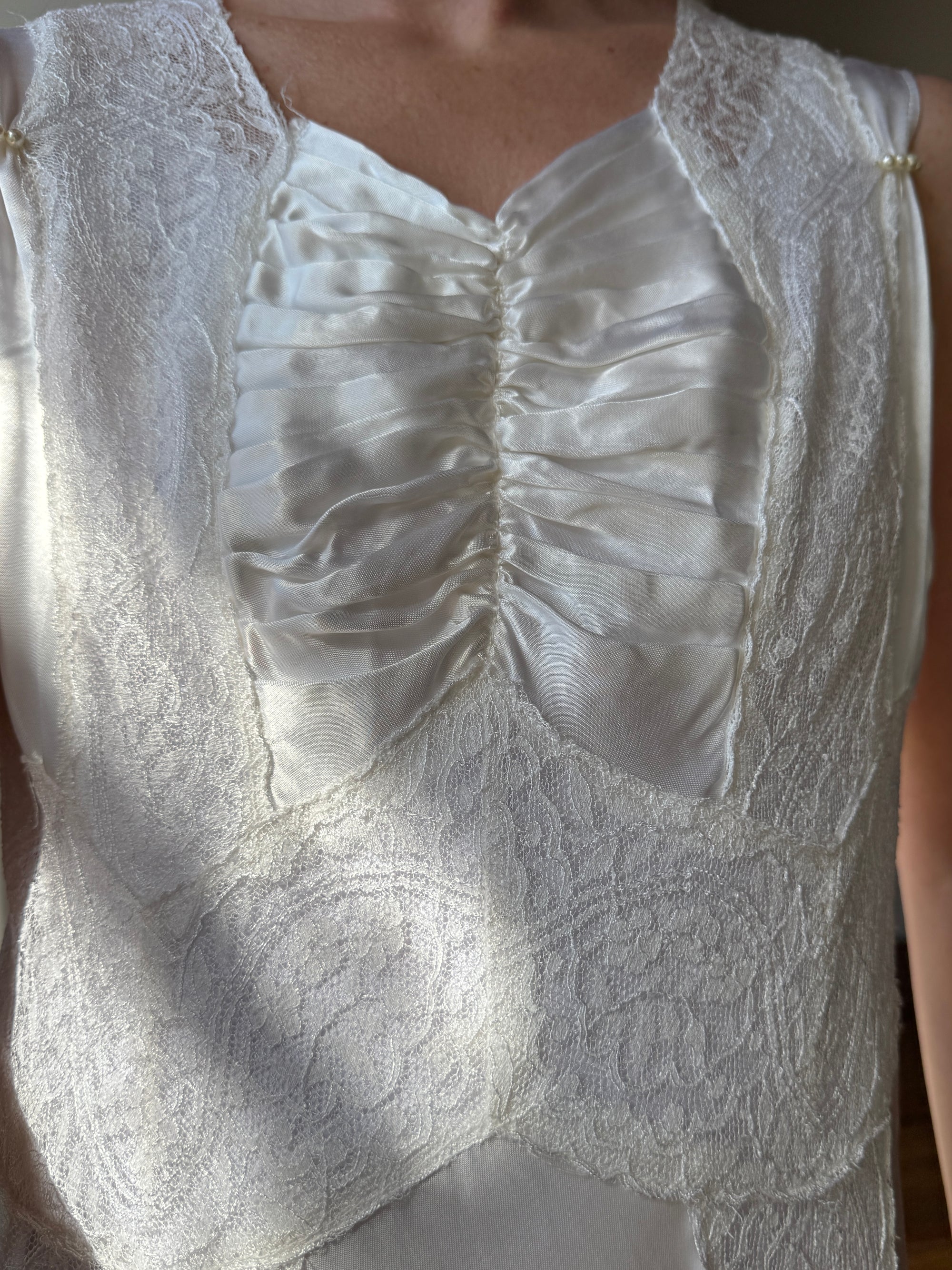 Vintage 40s Liquid Satin Sleeveless Lace Wedding Gown