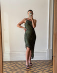 Vintage 90s Pure Silk Embellished Asymmetrical Midi Dress Olive