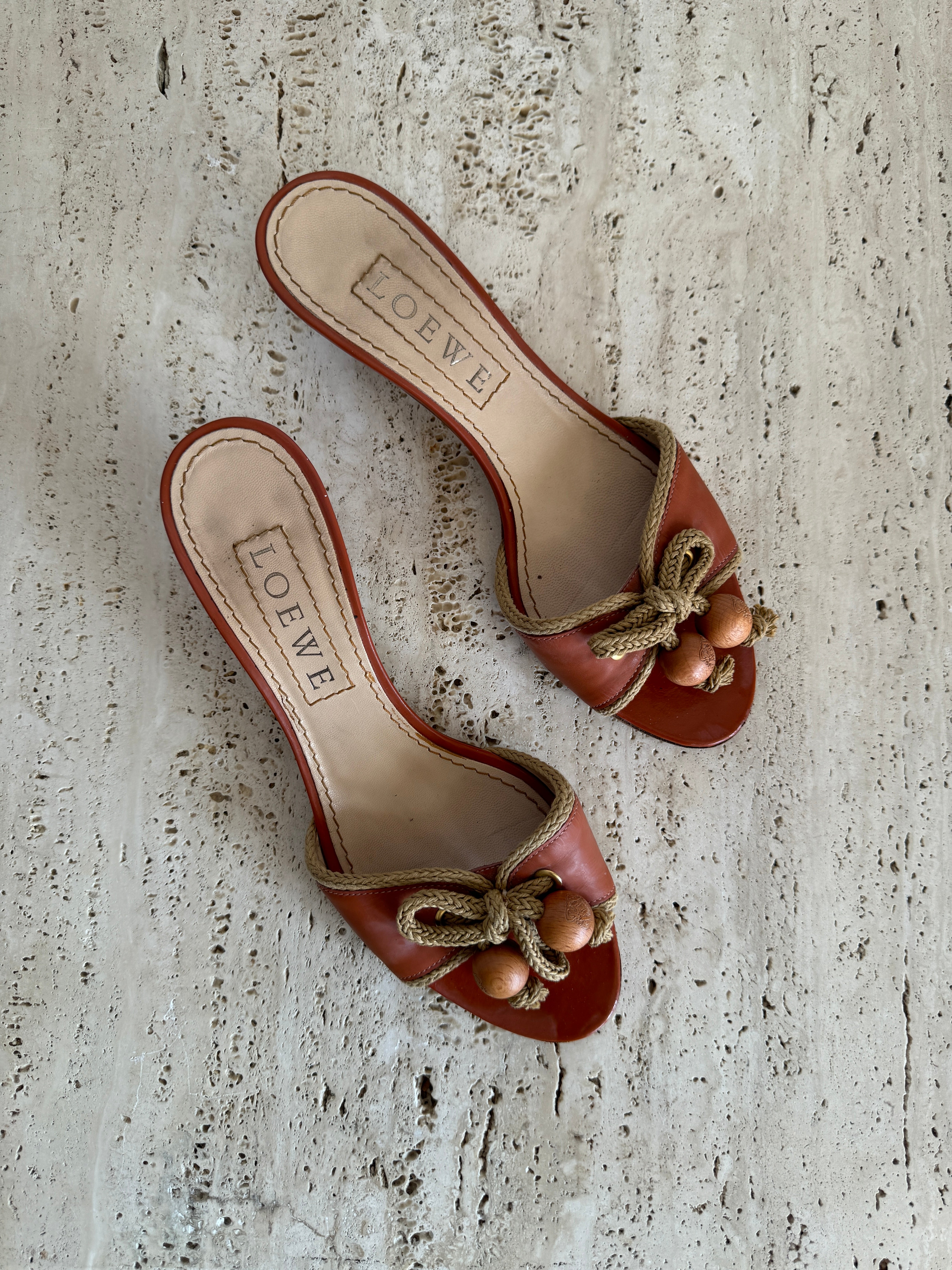 Vintage 90s Loewe Tan Rope Kitten Heels