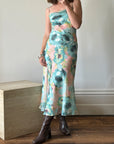 Vintage 90s Peach and Aqua Floral Bias Slip Dress