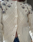 Vintage Pure Wool Embroidered Floral Cardigan Creme