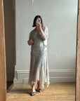 Vintage 90s Pure Silk Beaded V Neck Dress Light Grey