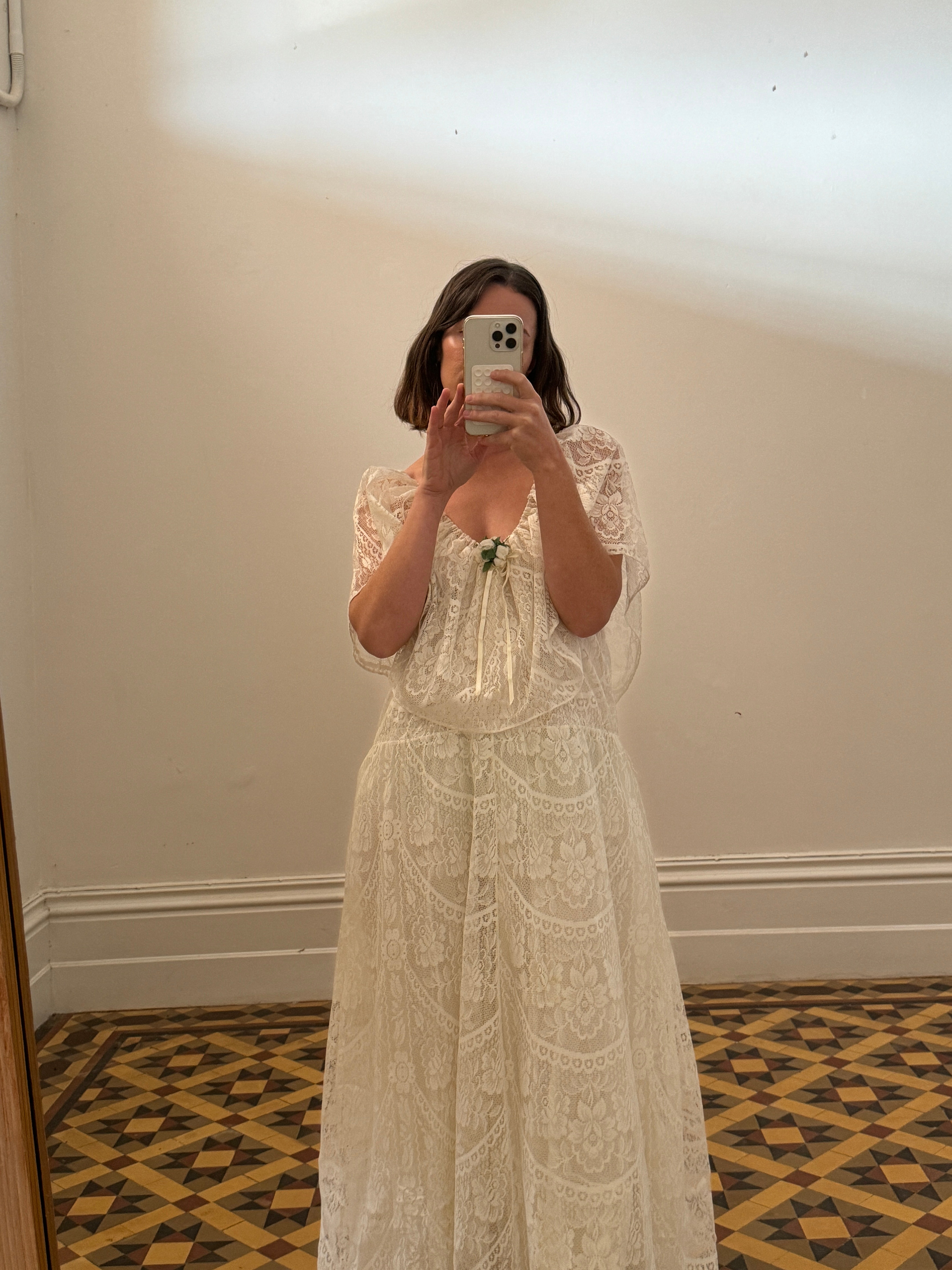 Vintage Lace Frilled Maxi Dress with Rose Applique