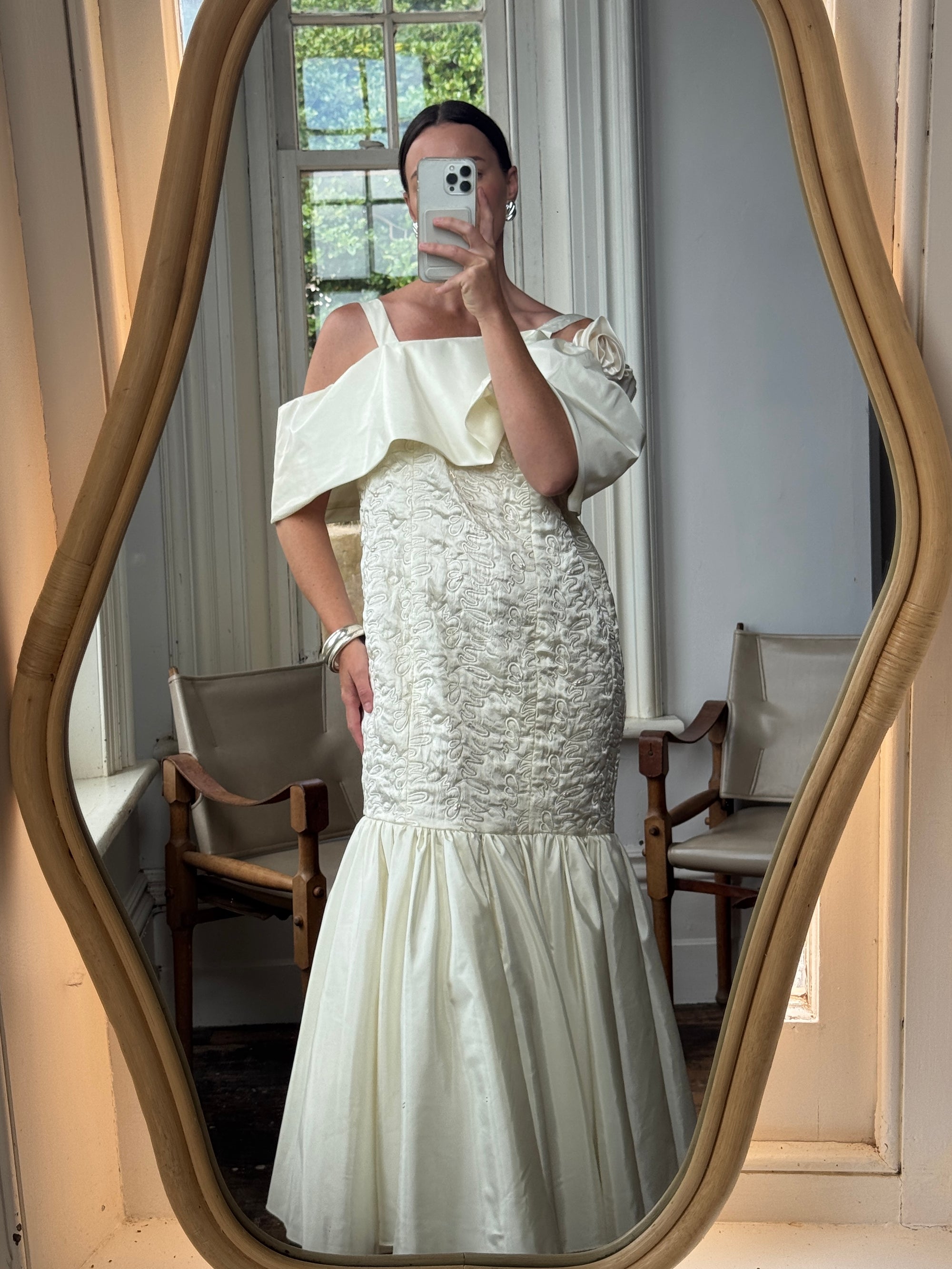 Vintage 80s Drop Waist Quilted Wedding Dress Creme