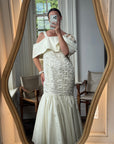 Vintage 80s Drop Waist Quilted Wedding Dress Creme