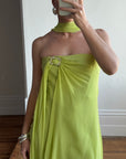 Vintage Y2K Chartreuse Strapless Pure Silk Brooch Dress