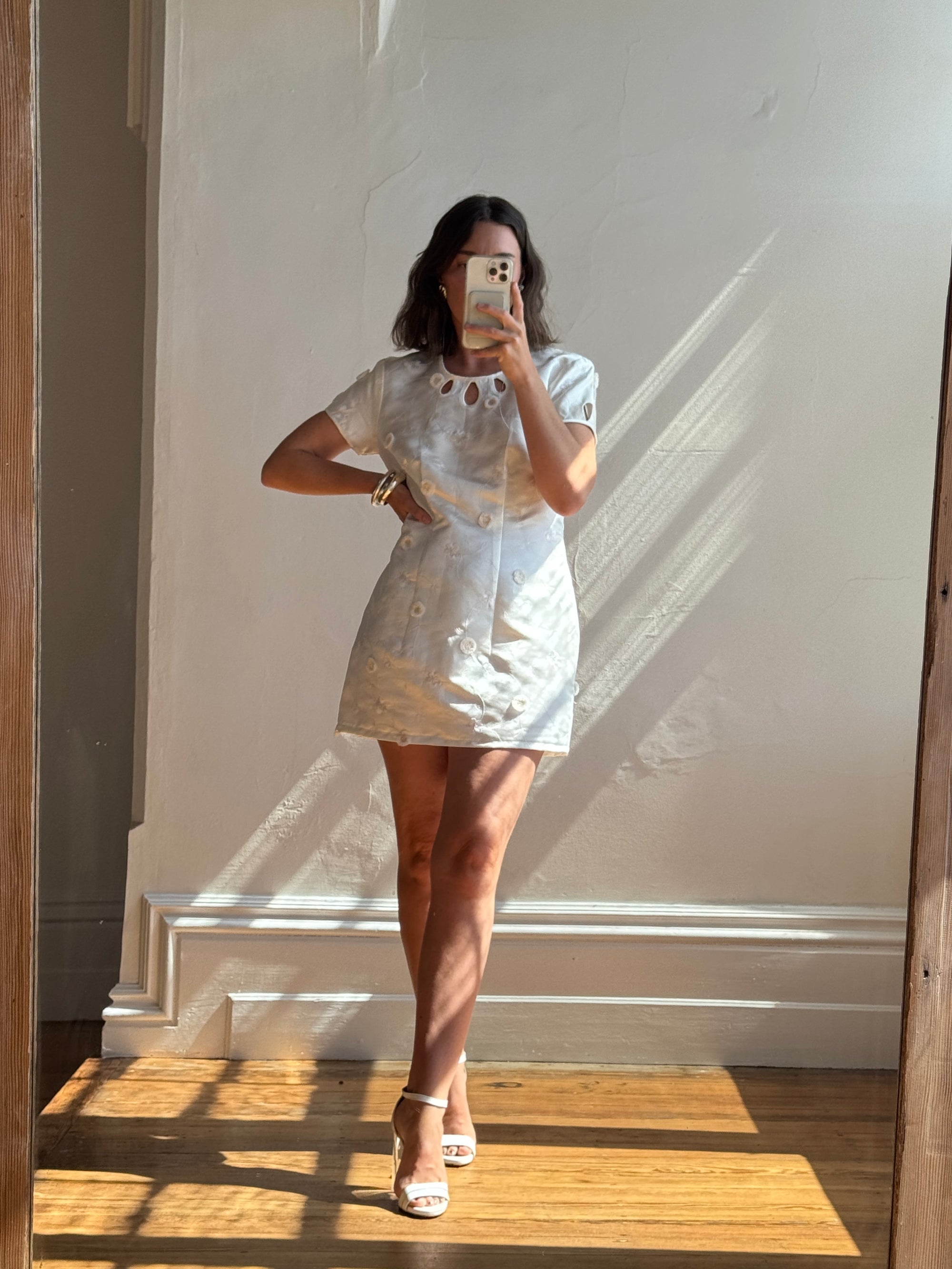 Vintage Ivory Satin Keyhole Embroidered Bridal Mini Dress