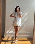 Vintage Ivory Satin Keyhole Embroidered Bridal Mini Dress