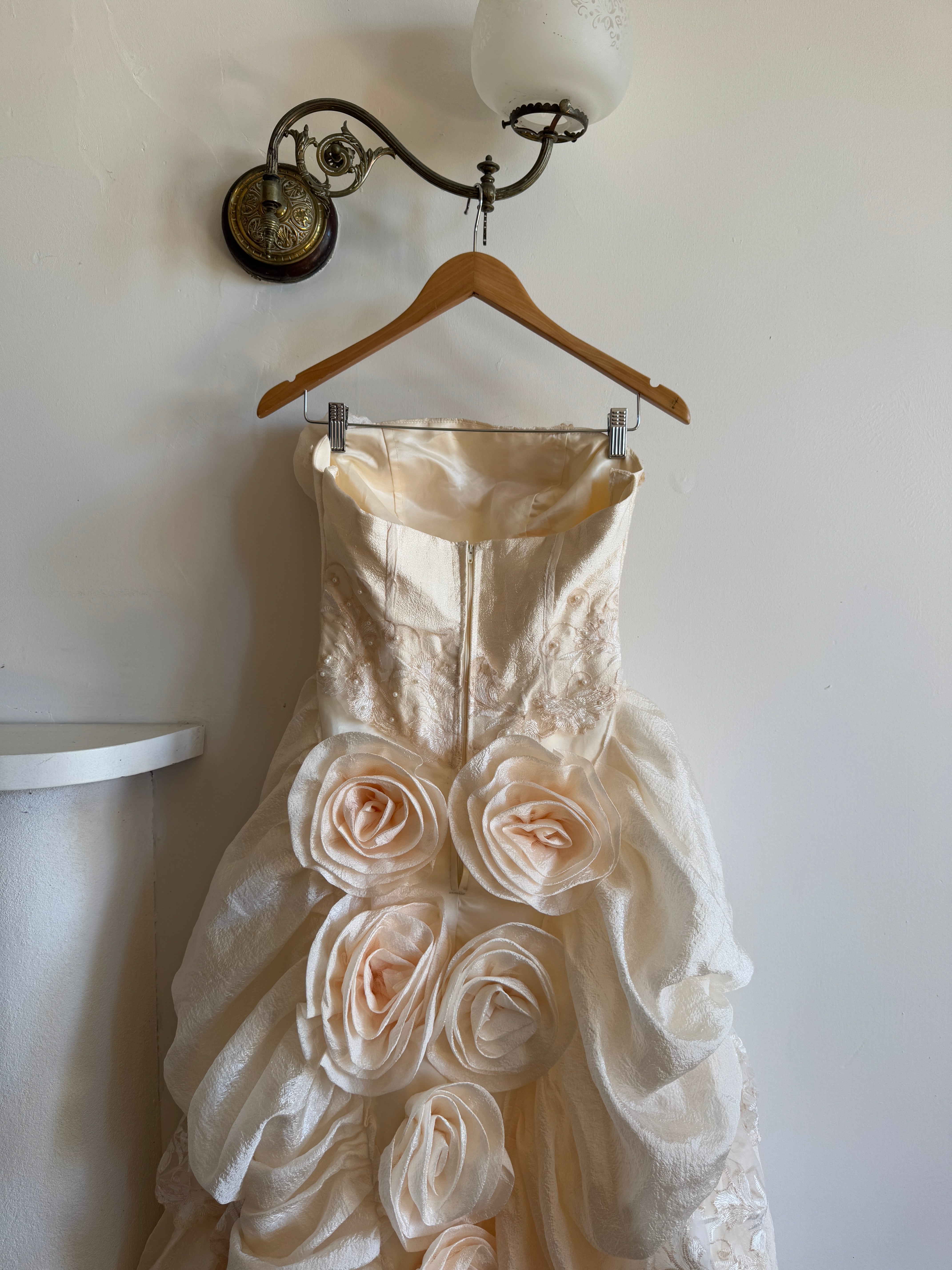 Vintage 90s Strapless Rosette Bubble Wedding Gown Peachy Creme