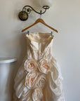Vintage 90s Strapless Rosette Bubble Wedding Gown Peachy Creme