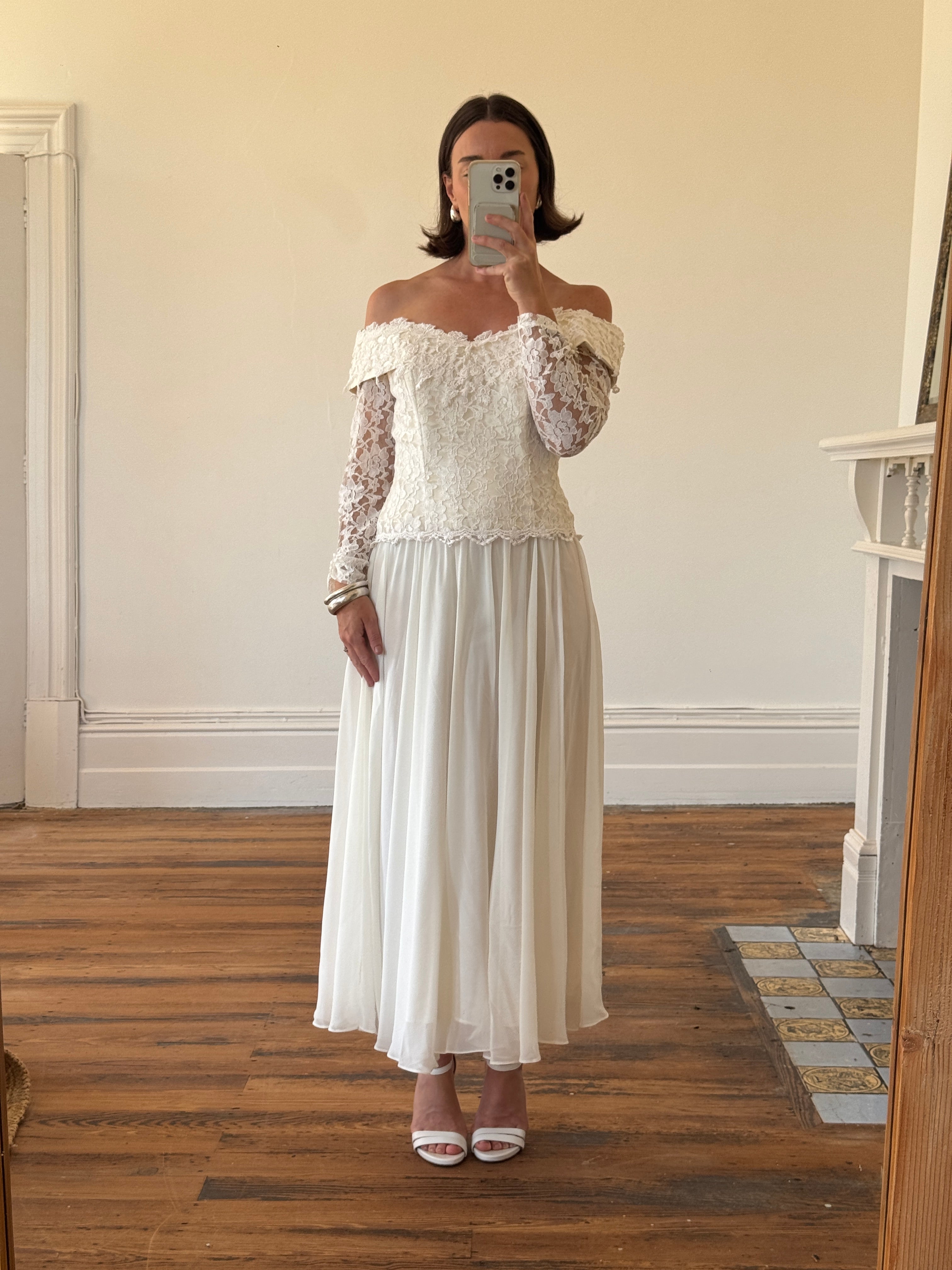 Vintage 90s Lace Off The Shoulder Chiffon Wedding Dress