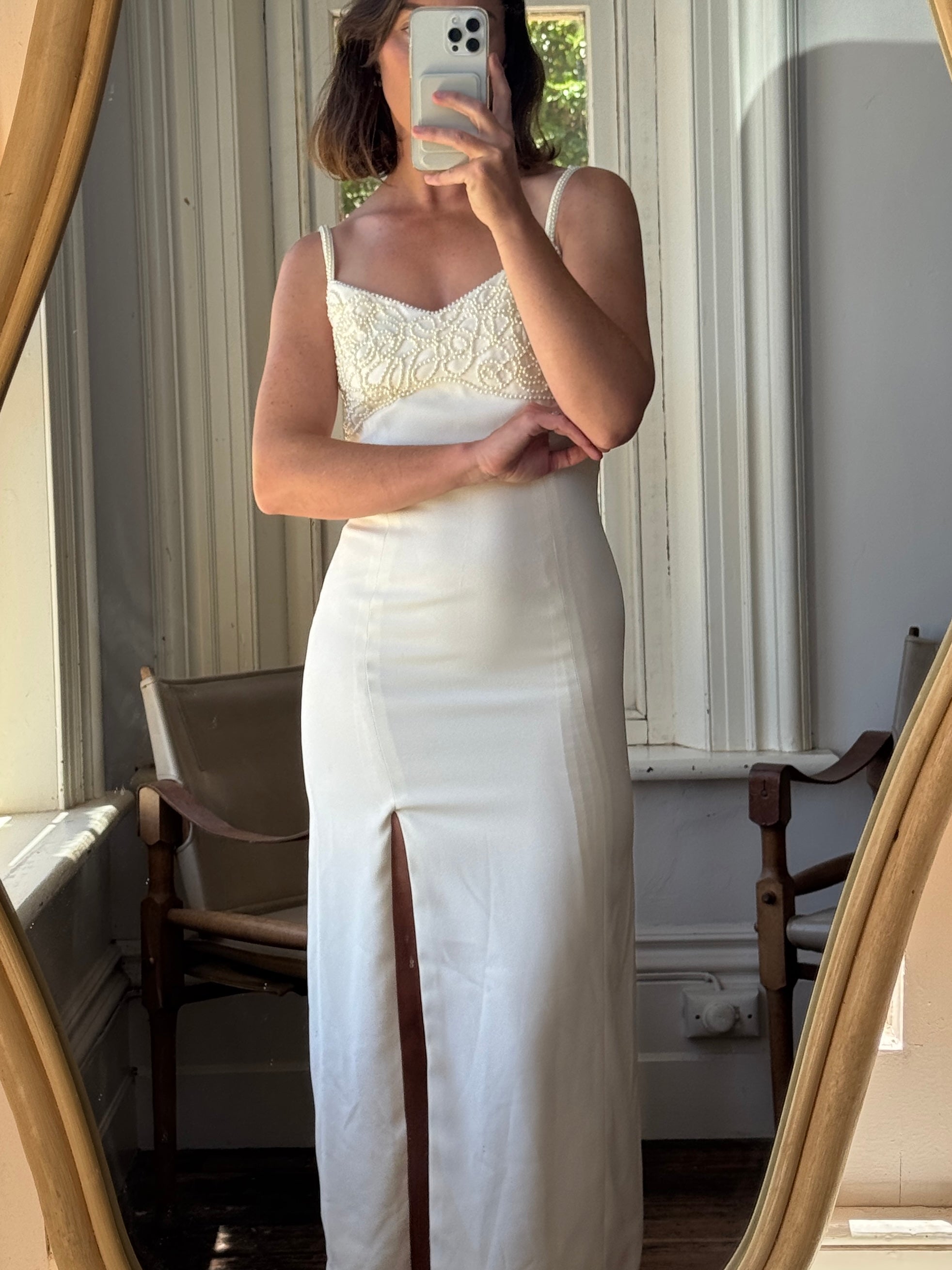 Vintage 90s Pearl Crepe Bridal Midi with Split
