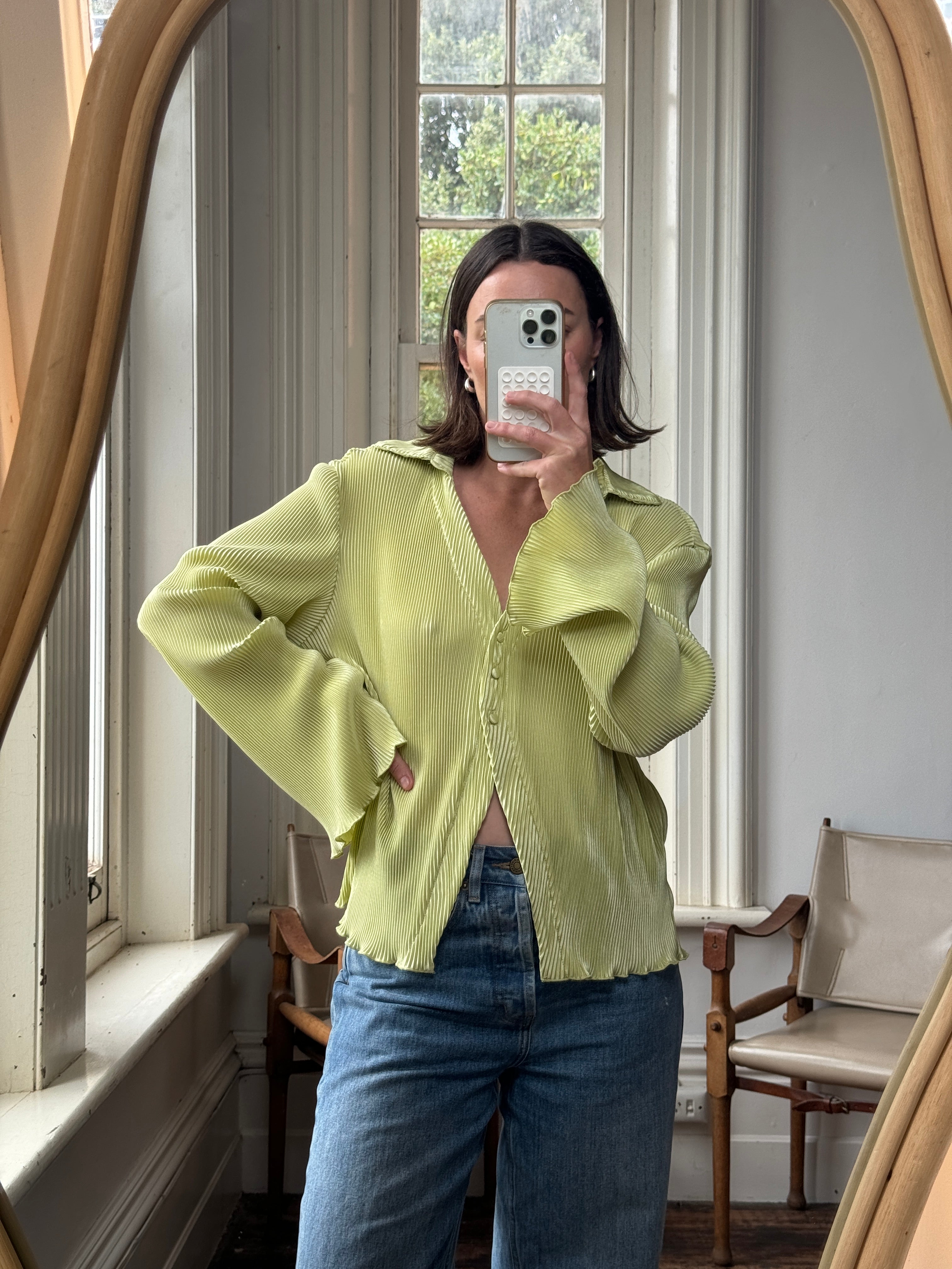 Vintage 90s Lime Pleated Button Up Blouse