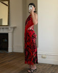 Vintage Y2K Burnt Velvet Beaded Fringe Halter and Skirt Set Crimson