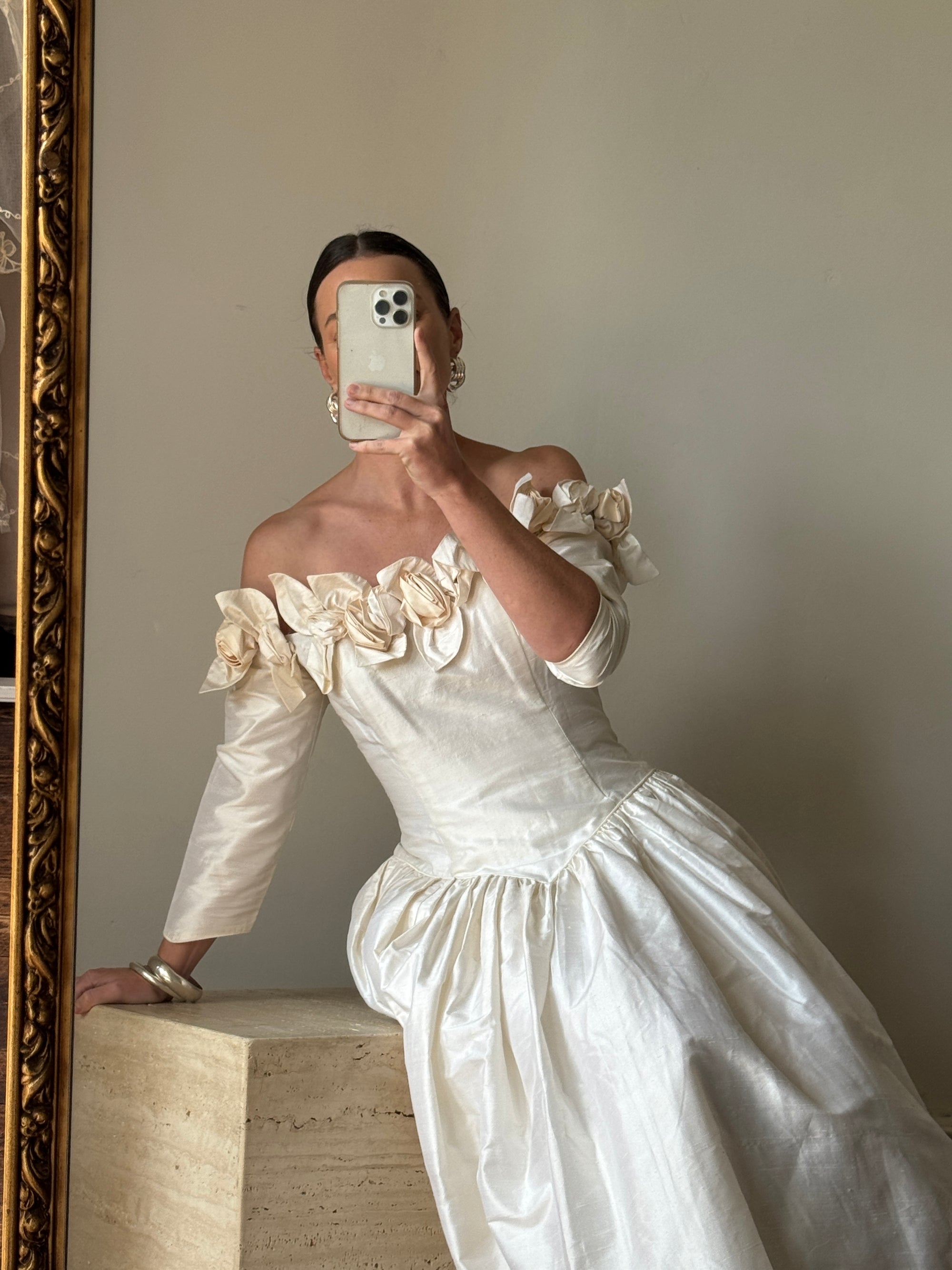 Vintage 80s Pure Silk Rosette Off Shoulder Gown