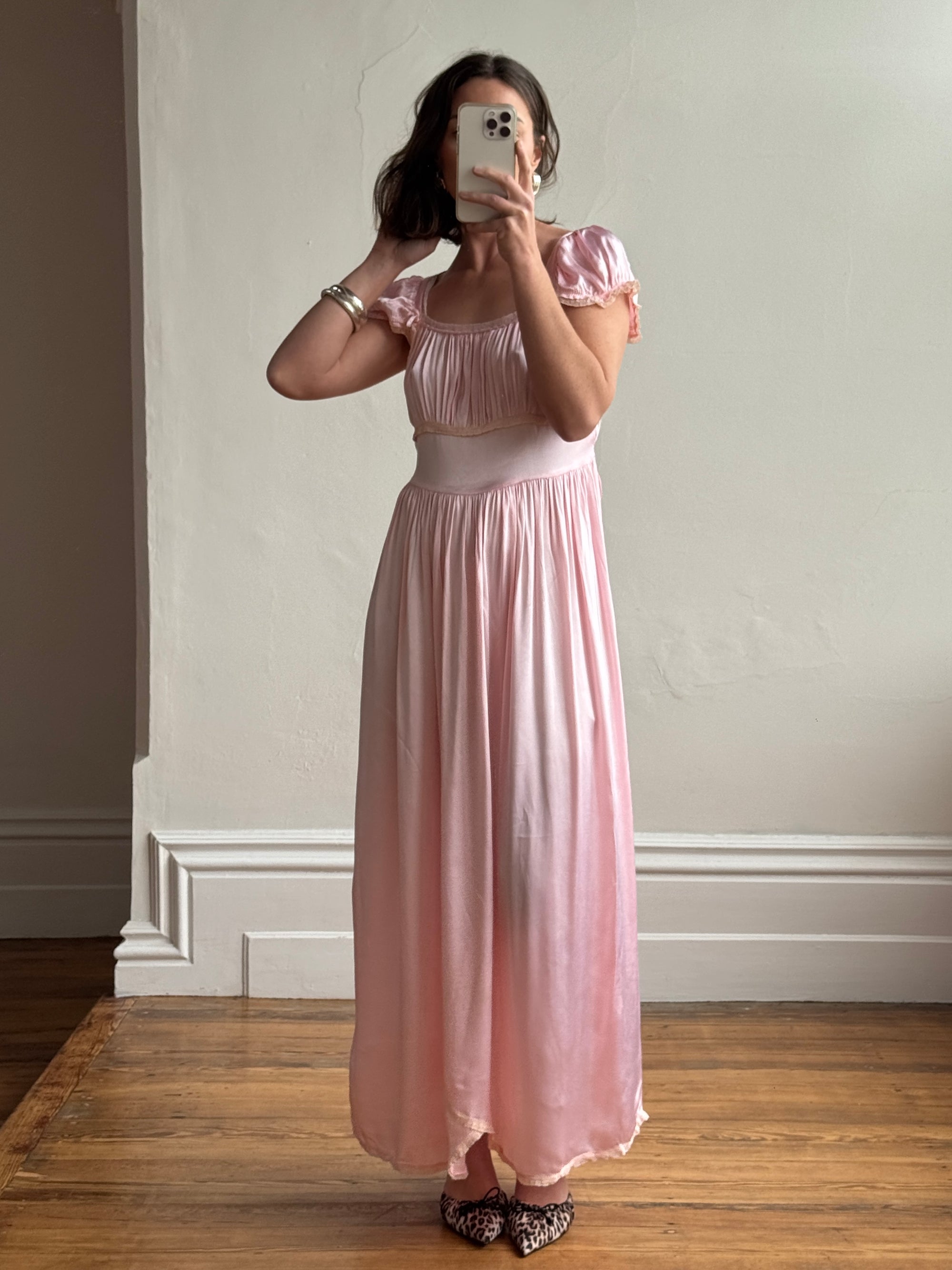 Vintage 30s Baby Pink Liquid Satin Slip with Creme Lace Trim