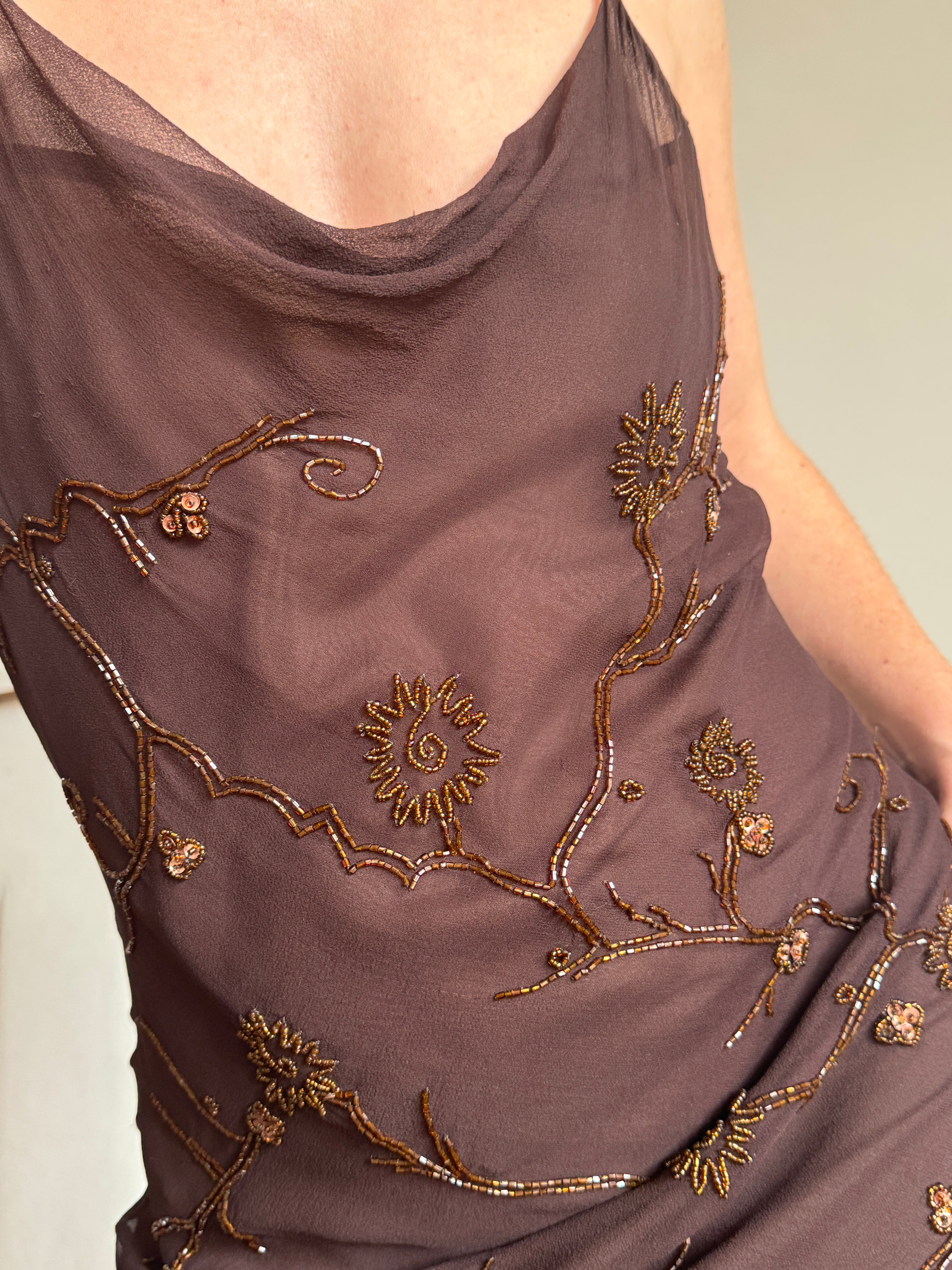 Vintage 90s Pure Silk Bias Cut Beaded Dress Brown