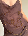 Vintage 90s Pure Silk Bias Cut Beaded Dress Brown