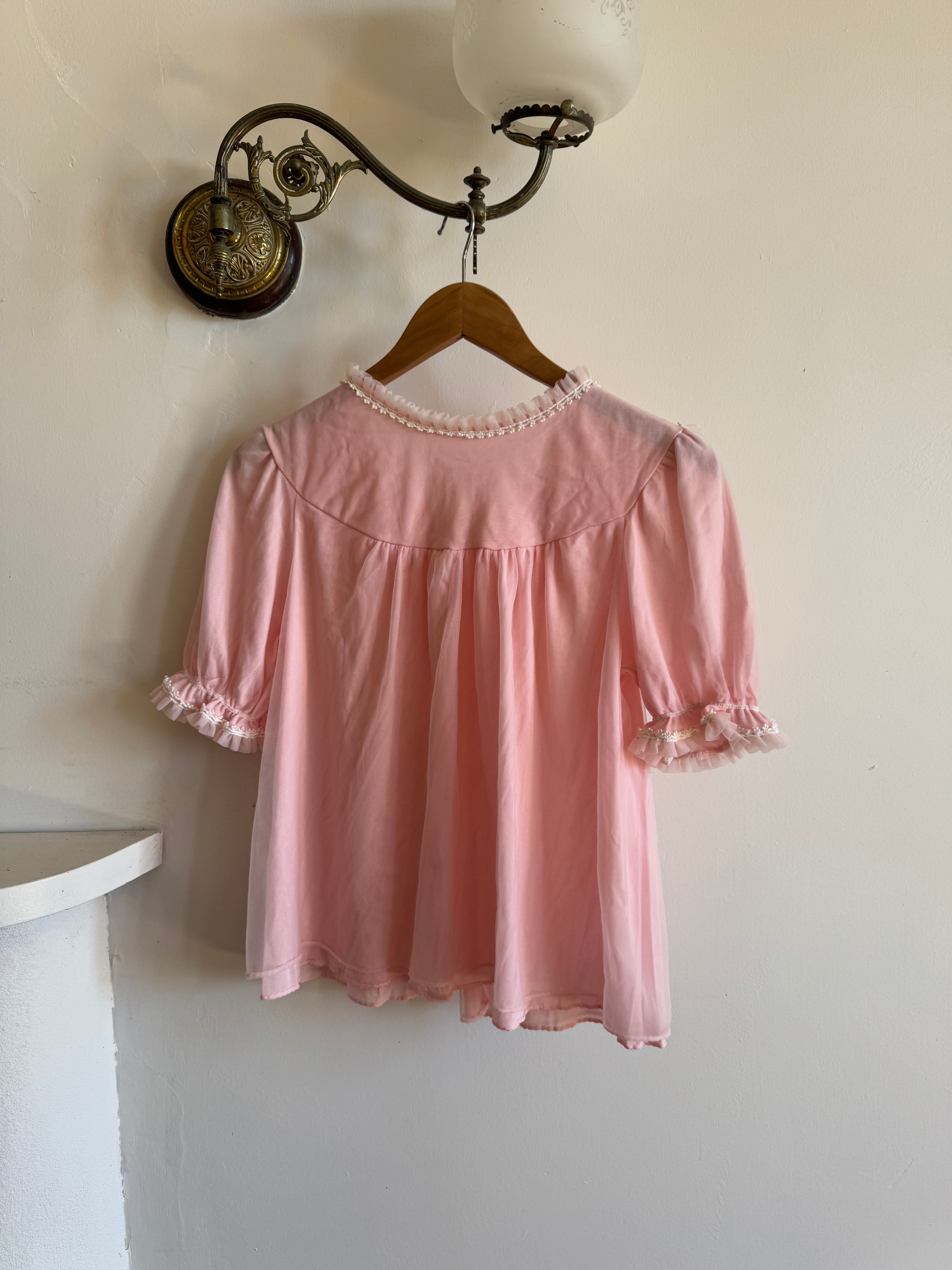 Vintage 60s Button Up Embroidered Frill Top Marshmallow