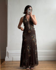 Vintage 90s Pure Silk Beaded Lace Up Dress Chocolate