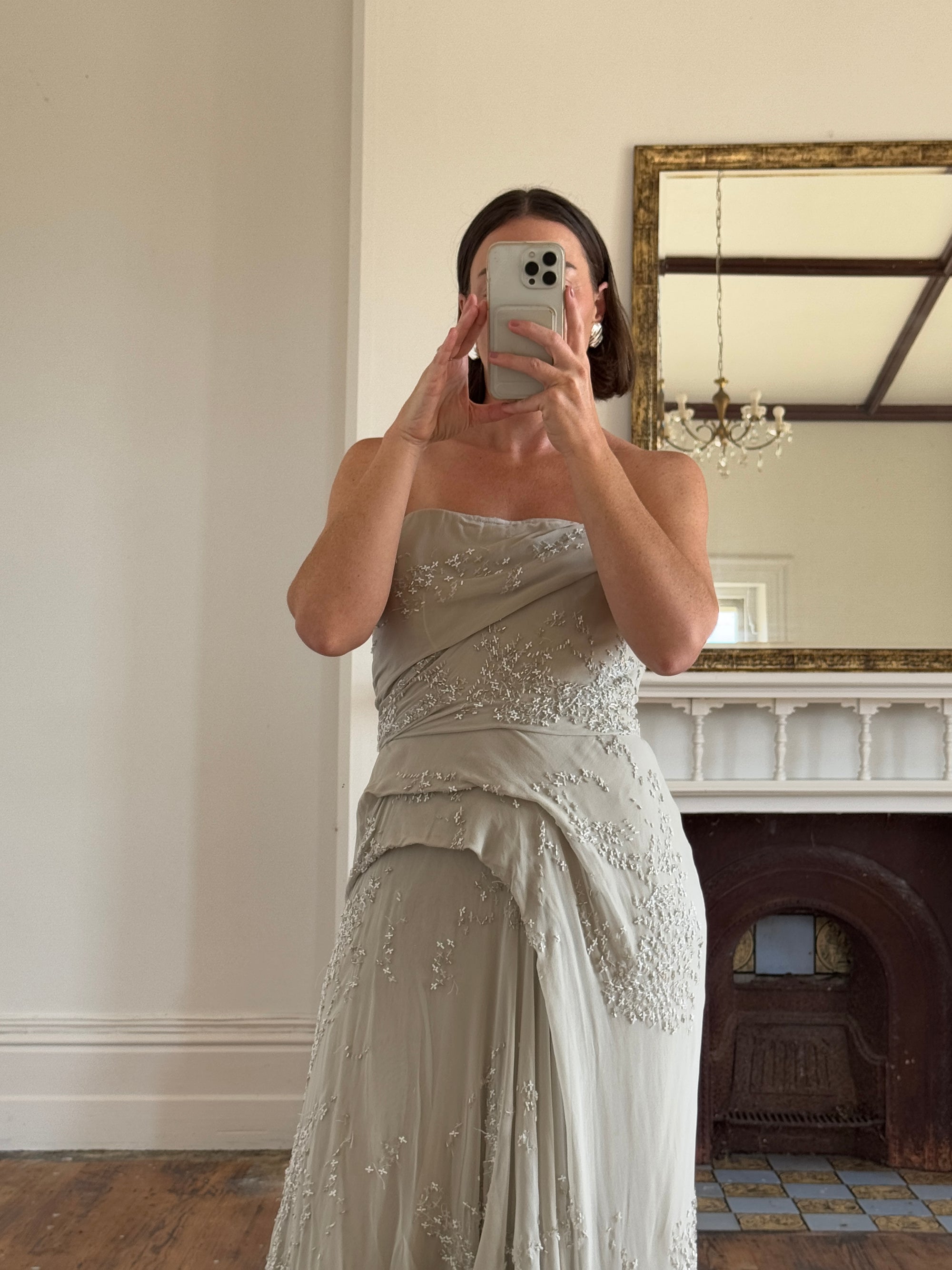 Archival Y2K J Mendel Pure Silk Beaded Wedding Dress Pale Grey