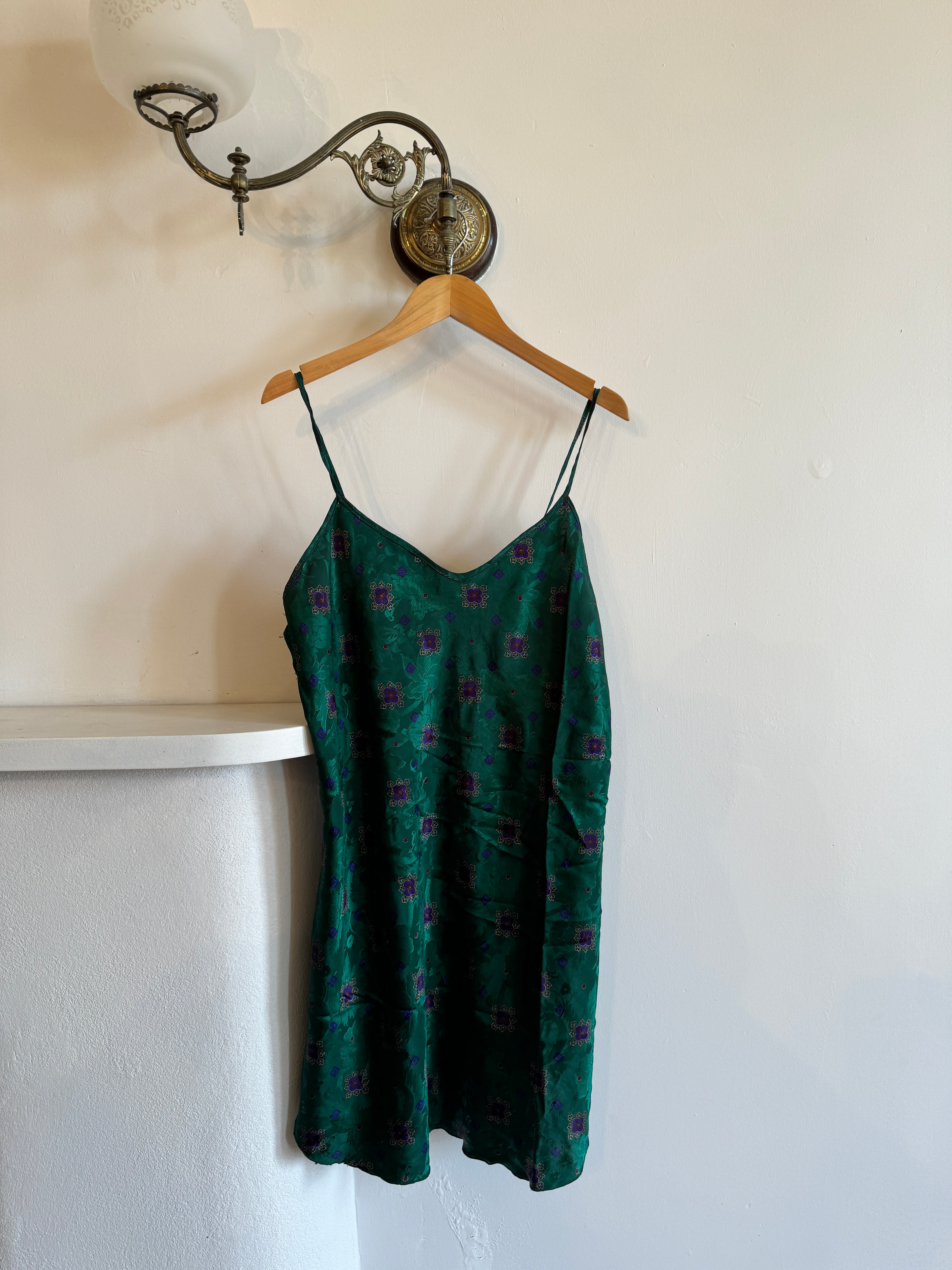 Vintage Emerald Green and Purple Jacquard Satin Slip Mini