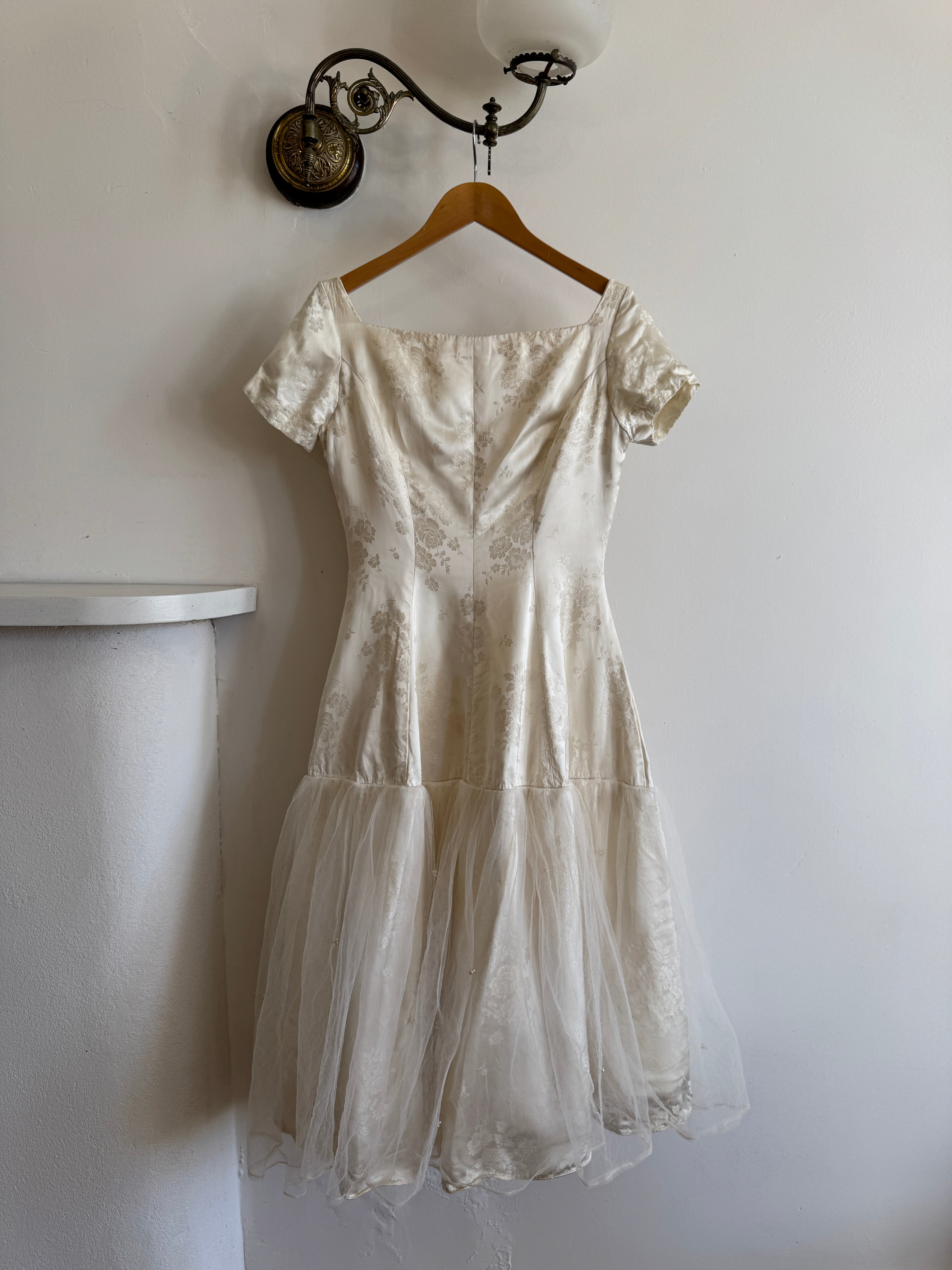 Vintage 50s Tea Length Jacquard Satin and Tulle Wedding Dress