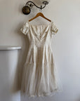 Vintage 50s Tea Length Jacquard Satin and Tulle Wedding Dress