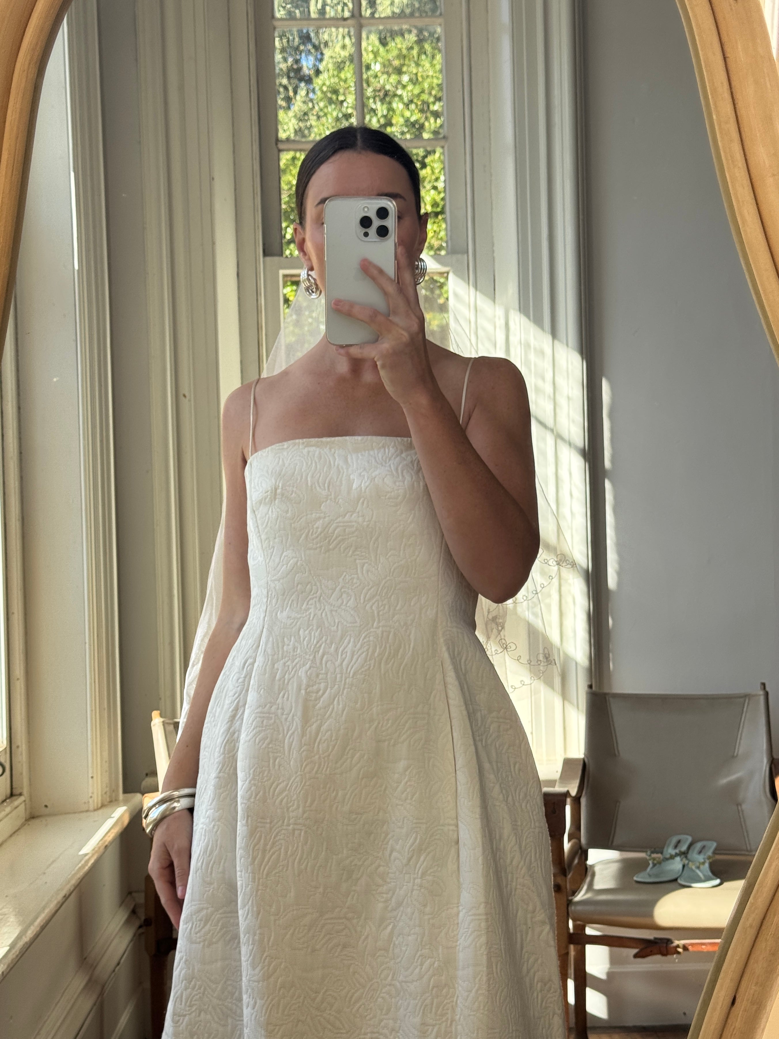 Vintage Y2K Pearl Brocade Tailored Strappy Gown