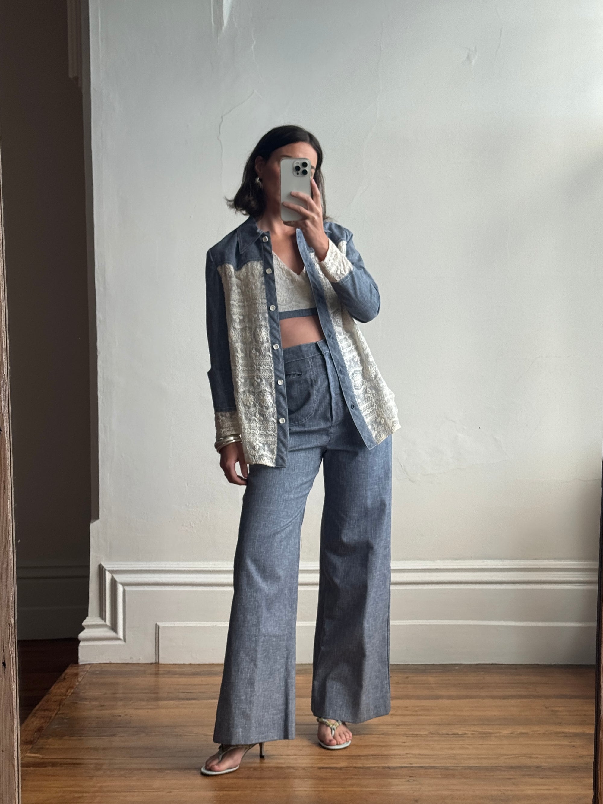 Vintage 70s 3 piece Chambray and Lace Western Set
